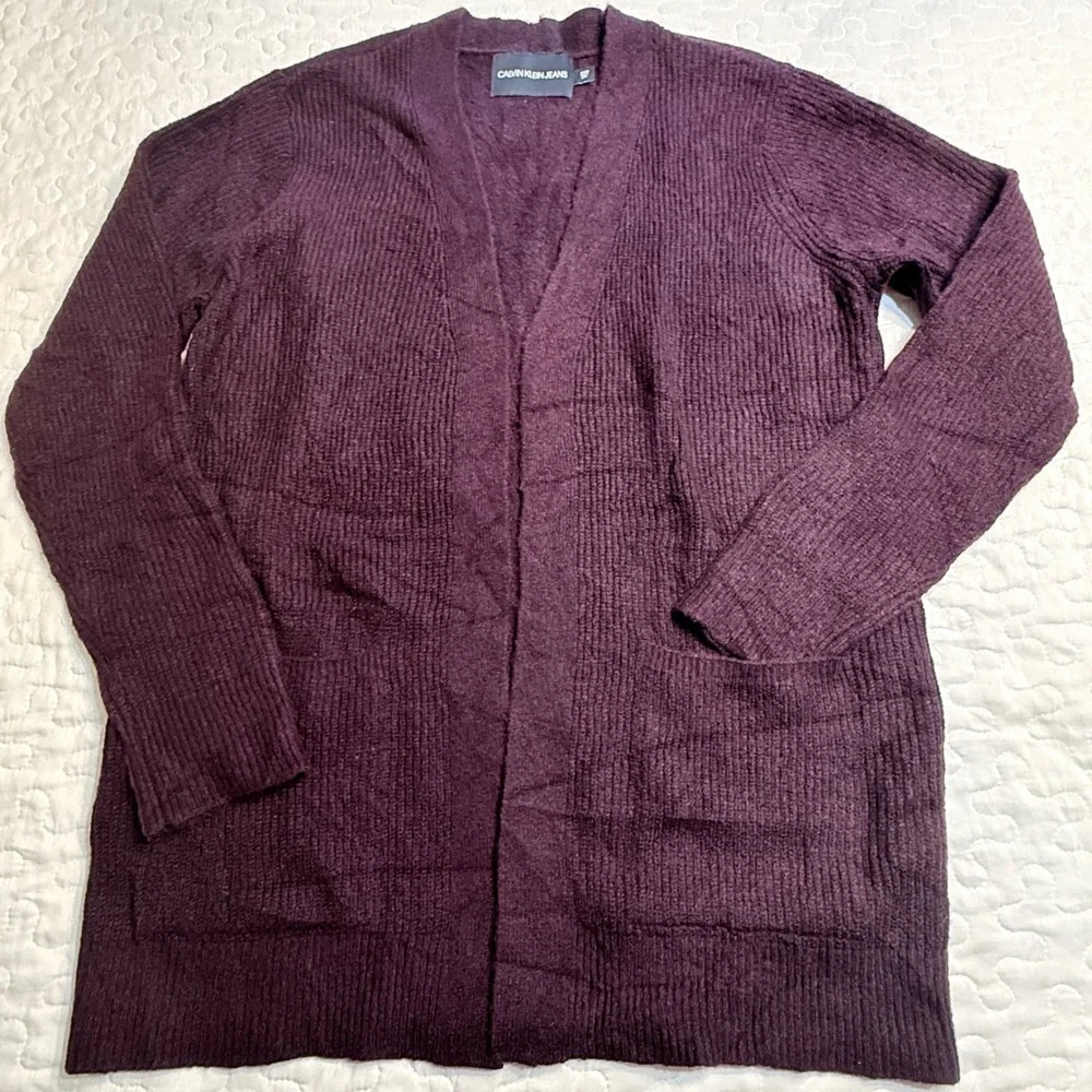 Calvin Klein Women Small Cardigan Purple Open Front FALL DARK ACADEMIA PLUM COZY